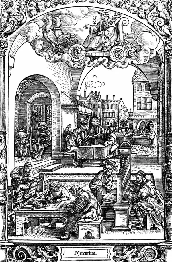 Merkurius och dess värv. Träsnitt av Hans Sebald Beham, 1530-talet.