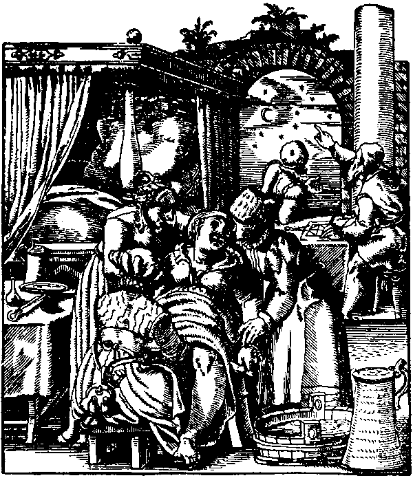 Astrologer noterar stjärnhimlen vid en förlossning. Träsnitt från 1587 i en bok av Jacob Rueff om förlossning.